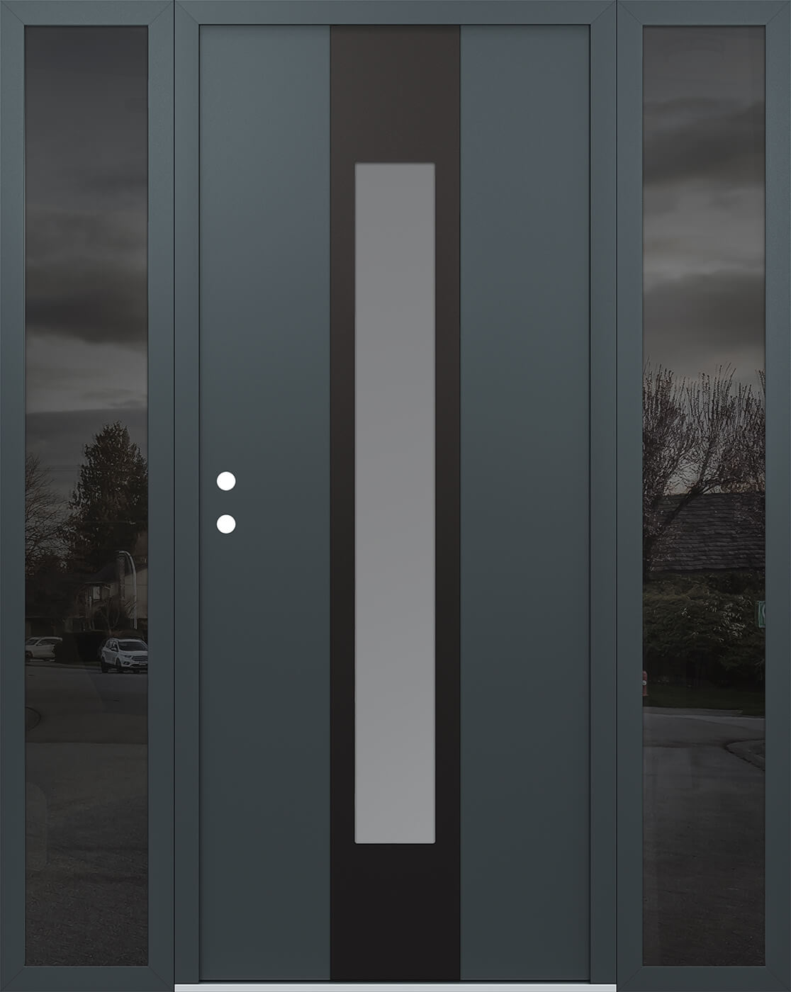 Modern Steel Front Door DIAMOND A1 64" X 80" ANTHRACITE/ANTHRACITE FROSTED GLASS PANEL BLACK RHI WITH 2 SIDELITES MIRRORED GLASS