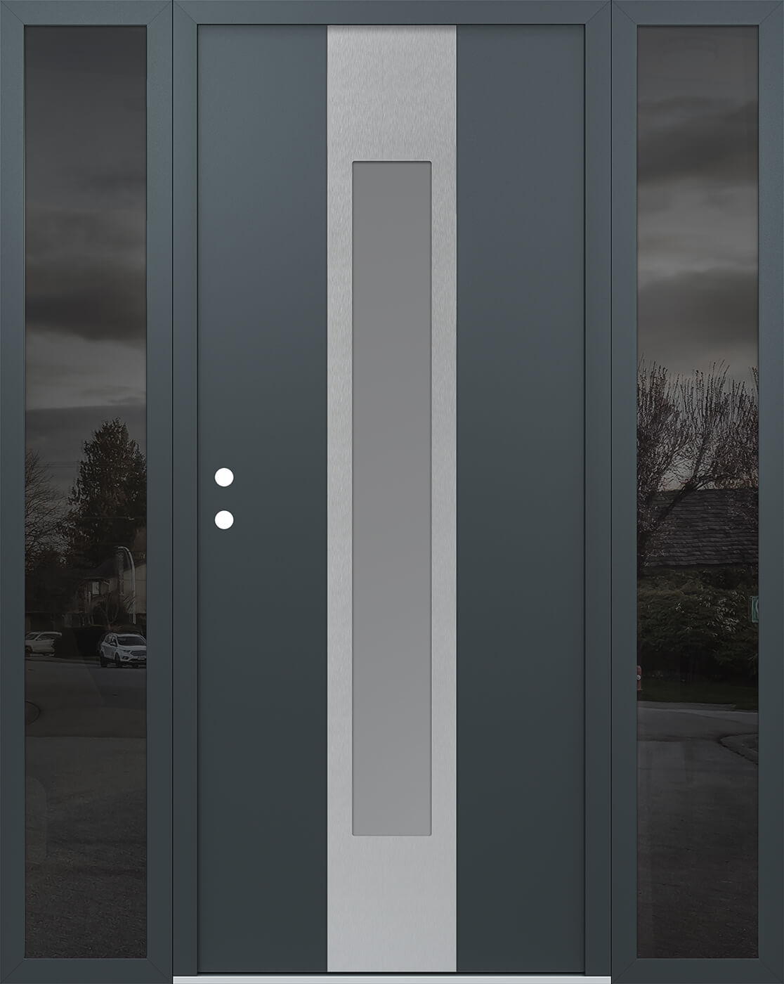Modern Steel Front Door DIAMOND A1 64" X 80" ANTHRACITE/ANTHRACITE FROSTED GLASS PANEL STAINLESS STEEL RHI WITH 2 SIDELITES FROSTED GLASS