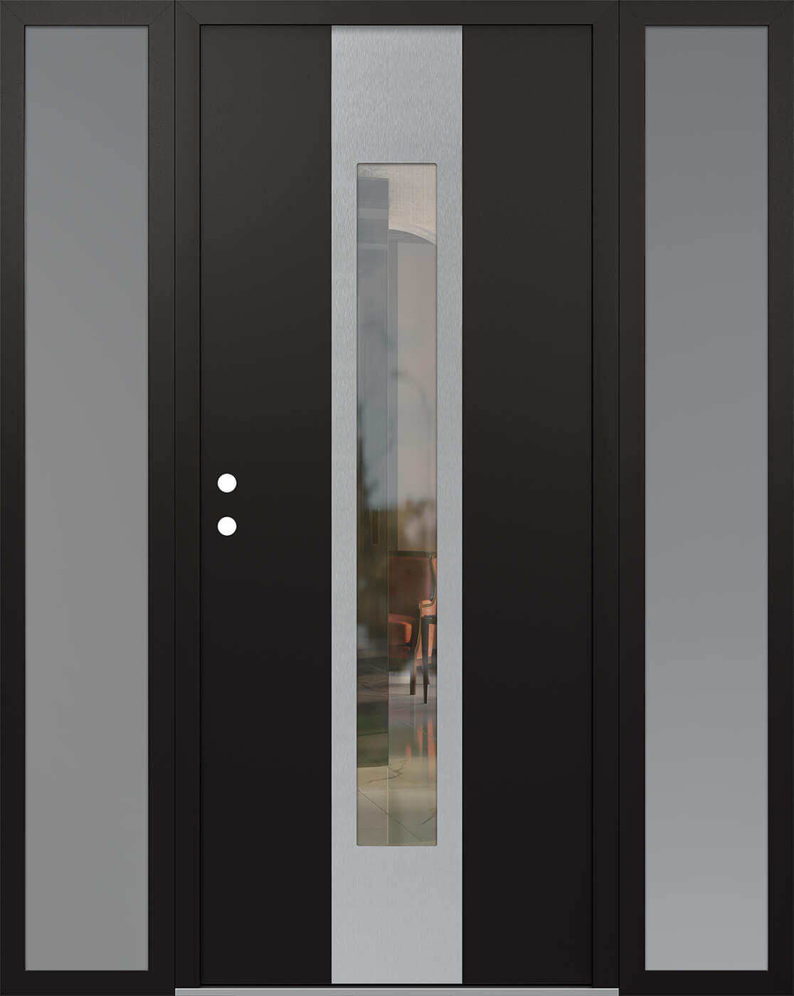 Modern Steel Front Door DIAMOND A1 64" X 80" BLACK/BLACK CLEAR GLASS PANEL STAINLESS STEEL RHI WITH 2 SIDELITES MIRRORED GLASS