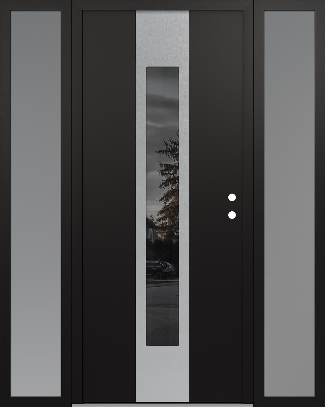 MODERN STEEL FRONT DOOR DIAMOND A1 64" X 80" BLACK/BLACK MIRRORED GLASS PANEL STAINLESS STEEL LHI WITH 2 SIDELITES CLEAR GLASS