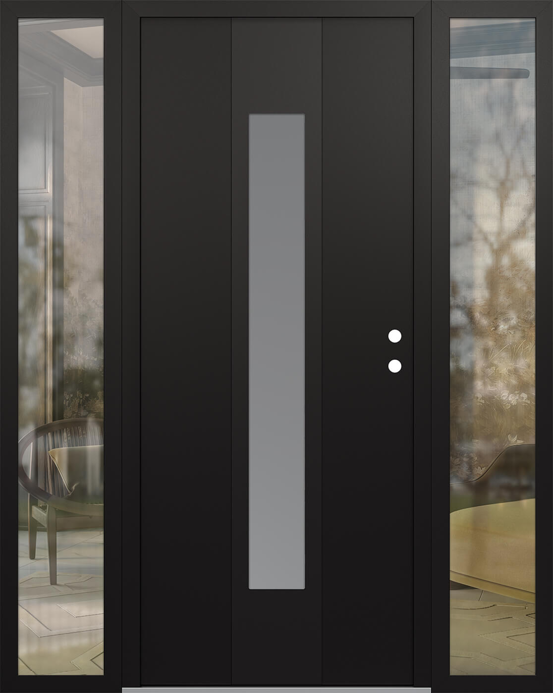 MODERN STEEL FRONT DOOR DIAMOND A1 64" X 80" BLACK/WHITE FROSTED GLASS PANEL BLACK LHI WITH 2 SIDELITES FROSTED GLASS