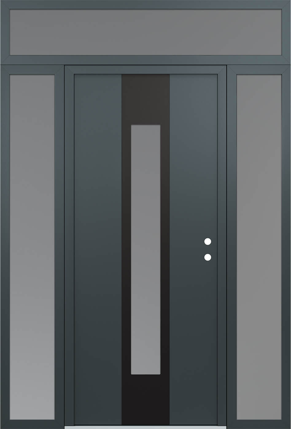 Modern Steel Front Door DIAMOND A1 64" X 96" ANTHRACITE/ANTHRACITE FROSTED GLASS PANEL BLACK LHI WITH 2 SIDELITES AND TRANSOM MIRRORED GLASS