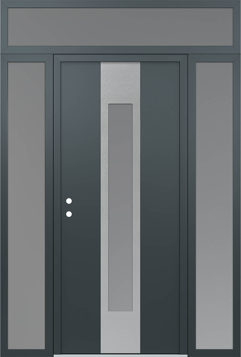 Modern Steel Front Door DIAMOND A1 64" X 96" ANTHRACITE/ANTHRACITE FROSTED GLASS PANEL STAINLESS STEEL LHI WITH 2 SIDELITES AND TRANSOM CLEAR GLASS