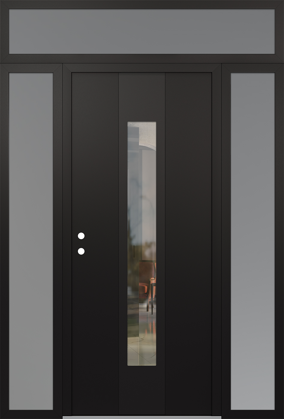Modern Steel Front Door DIAMOND A1 64" X 96" BLACK/BLACK CLEAR GLASS PANEL BLACK RHI WITH 2 SIDELITES AND TRANSOM MIRRORED GLASS
