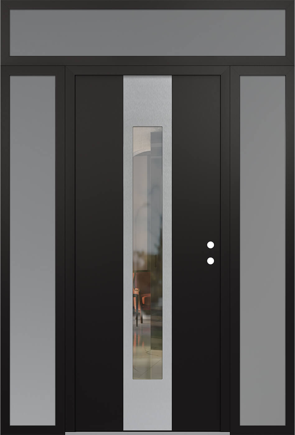 Modern Steel Front Door DIAMOND A1 64" X 96" BLACK/BLACK CLEAR GLASS PANEL STAINLESS STEEL LHI WITH 2 SIDELITES AND TRANSOM FROSTED GLASS