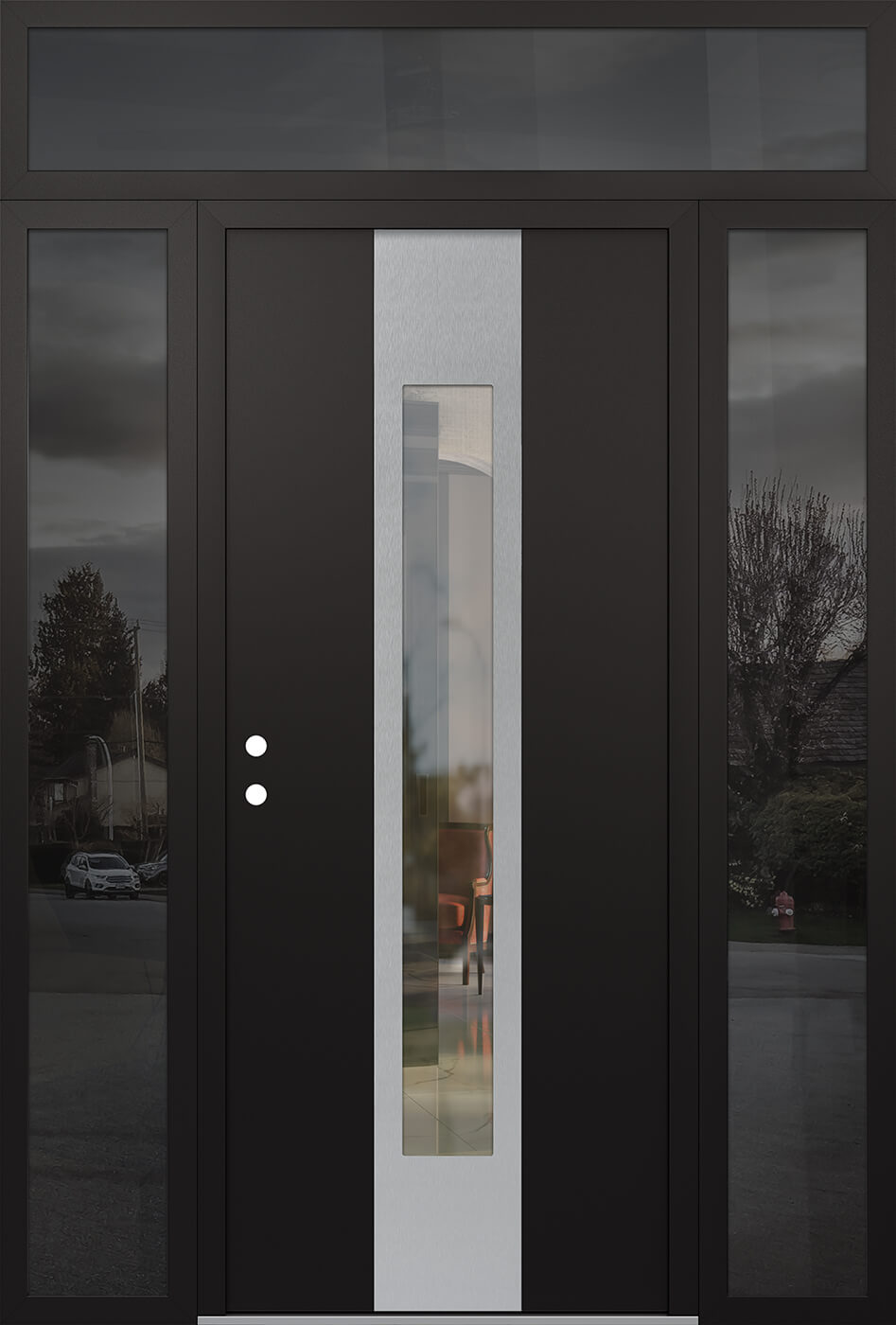 Modern Steel Front Door DIAMOND A1 64" X 96" BLACK/BLACK CLEAR GLASS PANEL STAINLESS STEEL RHI WITH 2 SIDELITES AND TRANSOM CLEAR GLASS