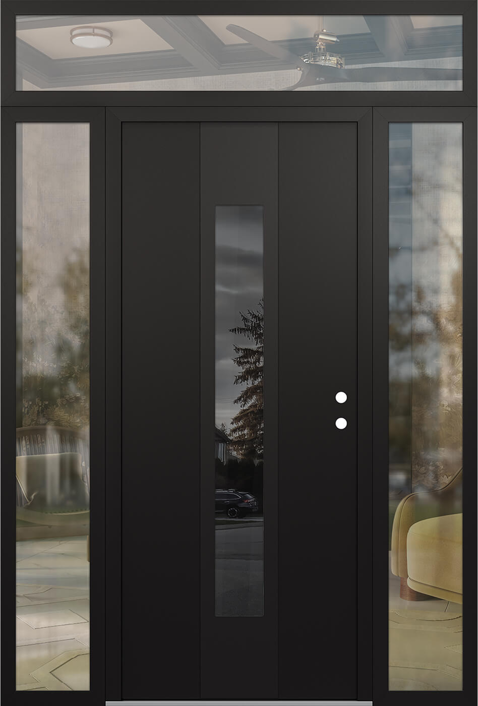 MODERN STEEL FRONT DOOR DIAMOND A1 64" X 96" BLACK/BLACK MIRRORED GLASS PANEL BLACK LHI WITH 2 SIDELITES AND TRANSOM MIRRORED GLASS