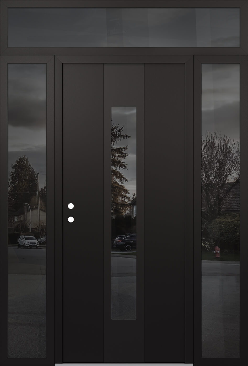 MODERN STEEL FRONT DOOR DIAMOND A1 64" X 96" BLACK/BLACK MIRRORED GLASS PANEL BLACK RHI WITH 2 SIDELITES AND TRANSOM CLEAR GLASS
