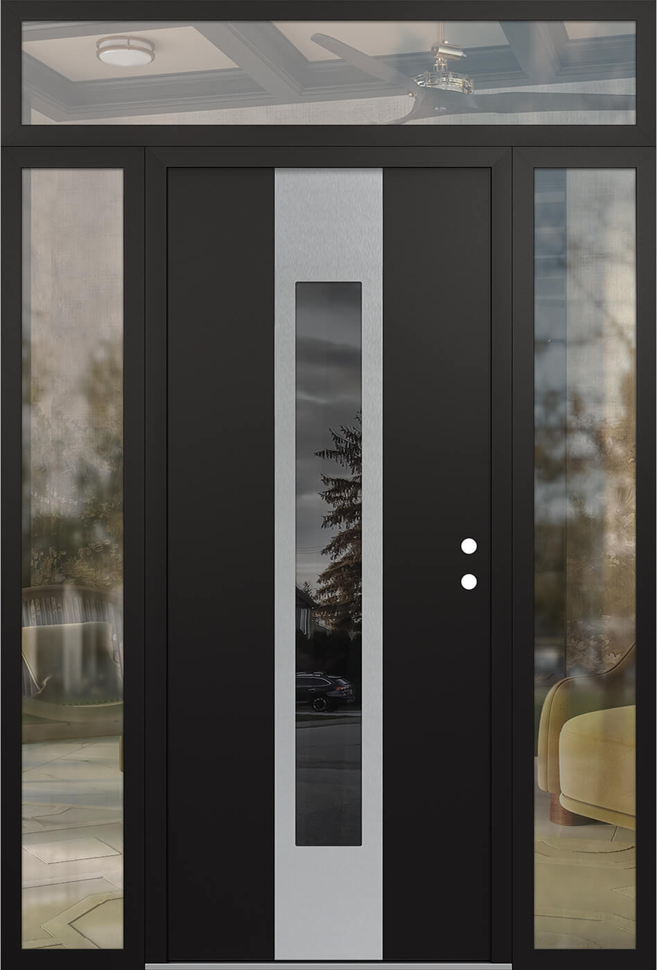 MODERN STEEL FRONT DOOR DIAMOND A1 64" X 96" BLACK/BLACK MIRRORED GLASS PANEL STAINLESS STEEL LHI WITH 2 SIDELITES AND TRANSOM CLEAR GLASS