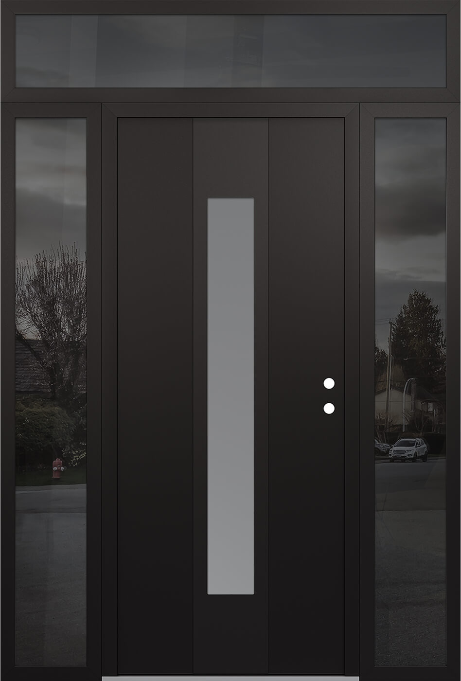 MODERN STEEL FRONT DOOR DIAMOND A1 64" X 96" BLACK/WHITE FROSTED GLASS PANEL BLACK LHI WITH 2 SIDELITES AND TRANSOM CLEAR GLASS