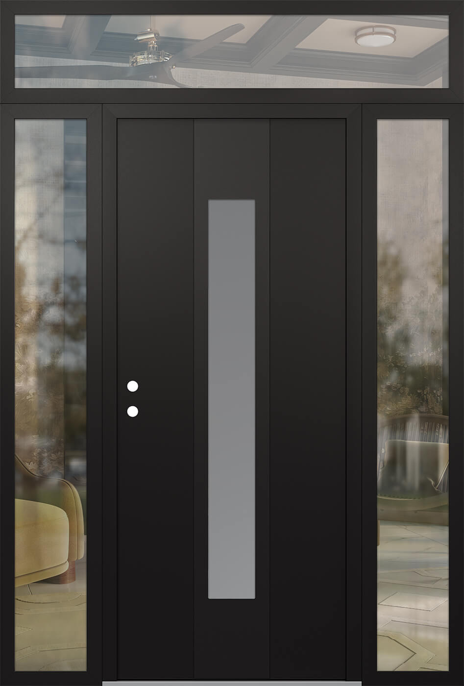 MODERN STEEL FRONT DOOR DIAMOND A1 64" X 96" BLACK/WHITE FROSTED GLASS PANEL BLACK RHI WITH 2 SIDELITES AND TRANSOM CLEAR GLASS