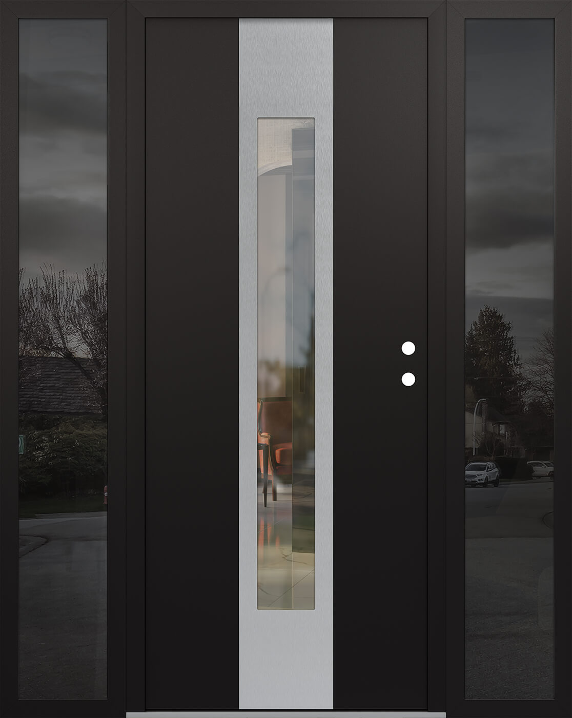 Modern Steel Front Door DIAMOND A1 68" X 80" BLACK/BLACK CLEAR GLASS PANEL STAINLESS STEEL LHI WITH 2 SIDELITES FROSTED GLASS