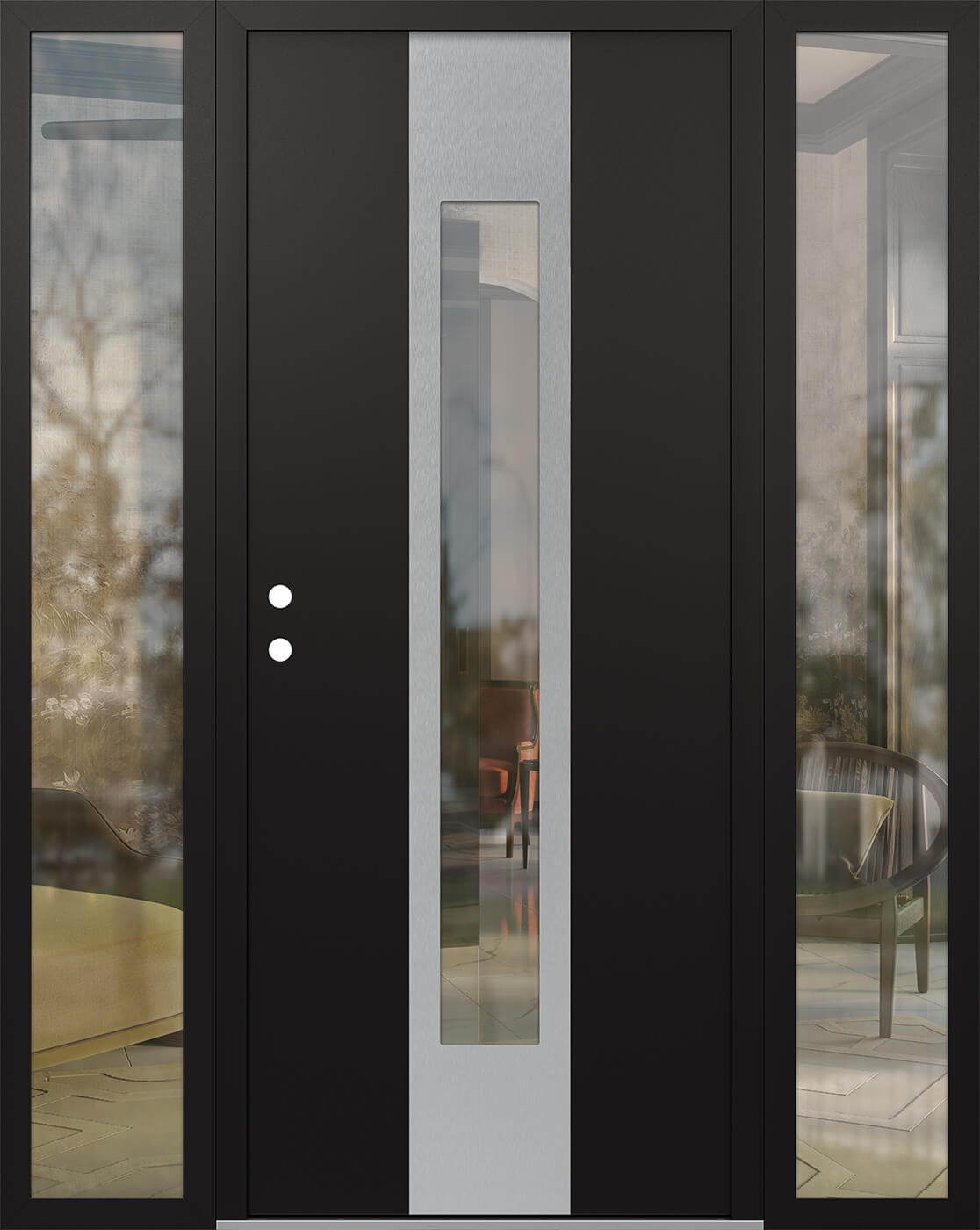 Modern Steel Front Door DIAMOND A1 68" X 80" BLACK/BLACK CLEAR GLASS PANEL STAINLESS STEEL RHI WITH 2 SIDELITES FROSTED GLASS