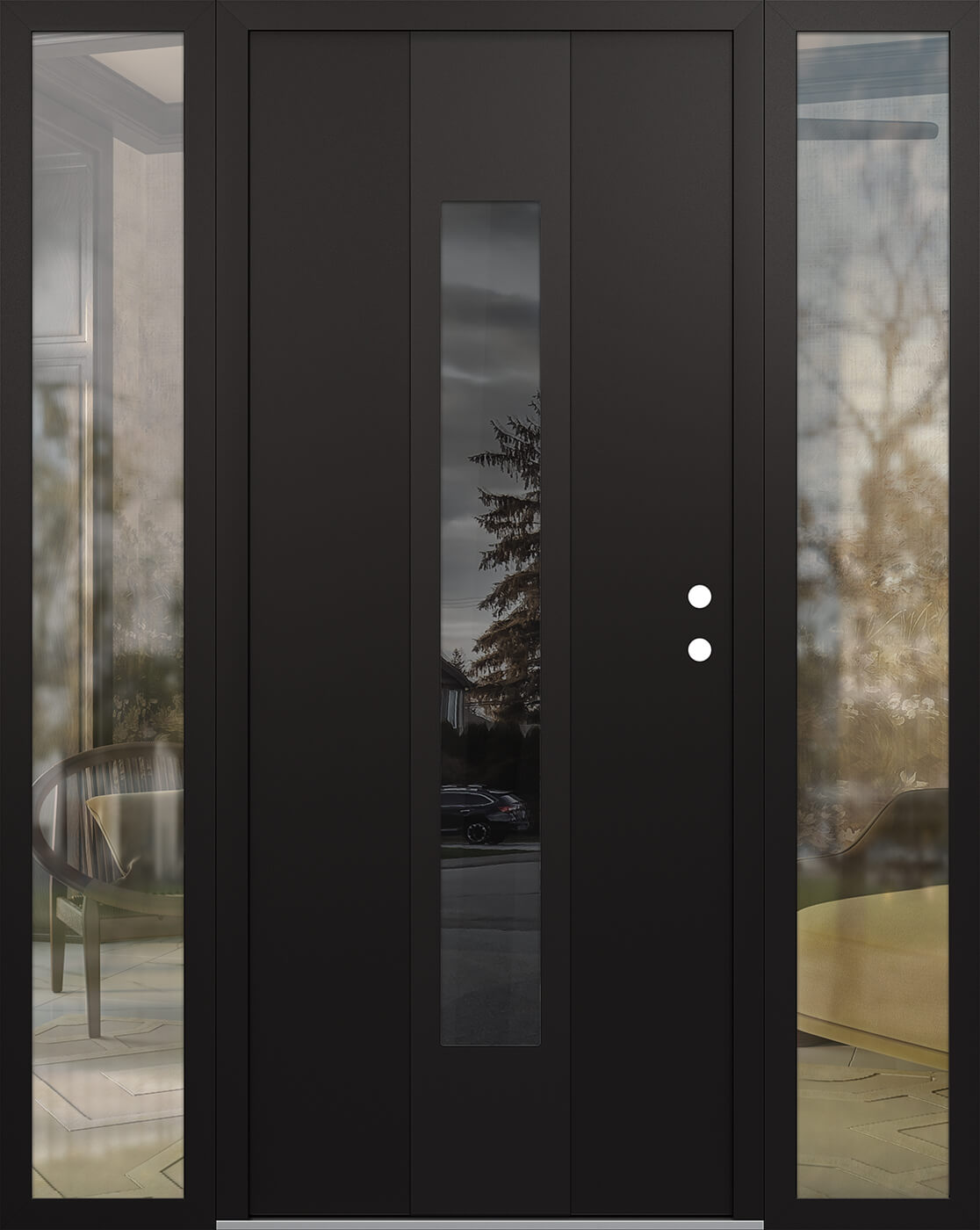MODERN STEEL FRONT DOOR DIAMOND A1 68" X 80" BLACK/BLACK MIRRORED GLASS PANEL BLACK LHI WITH 2 SIDELITES FROSTED GLASS