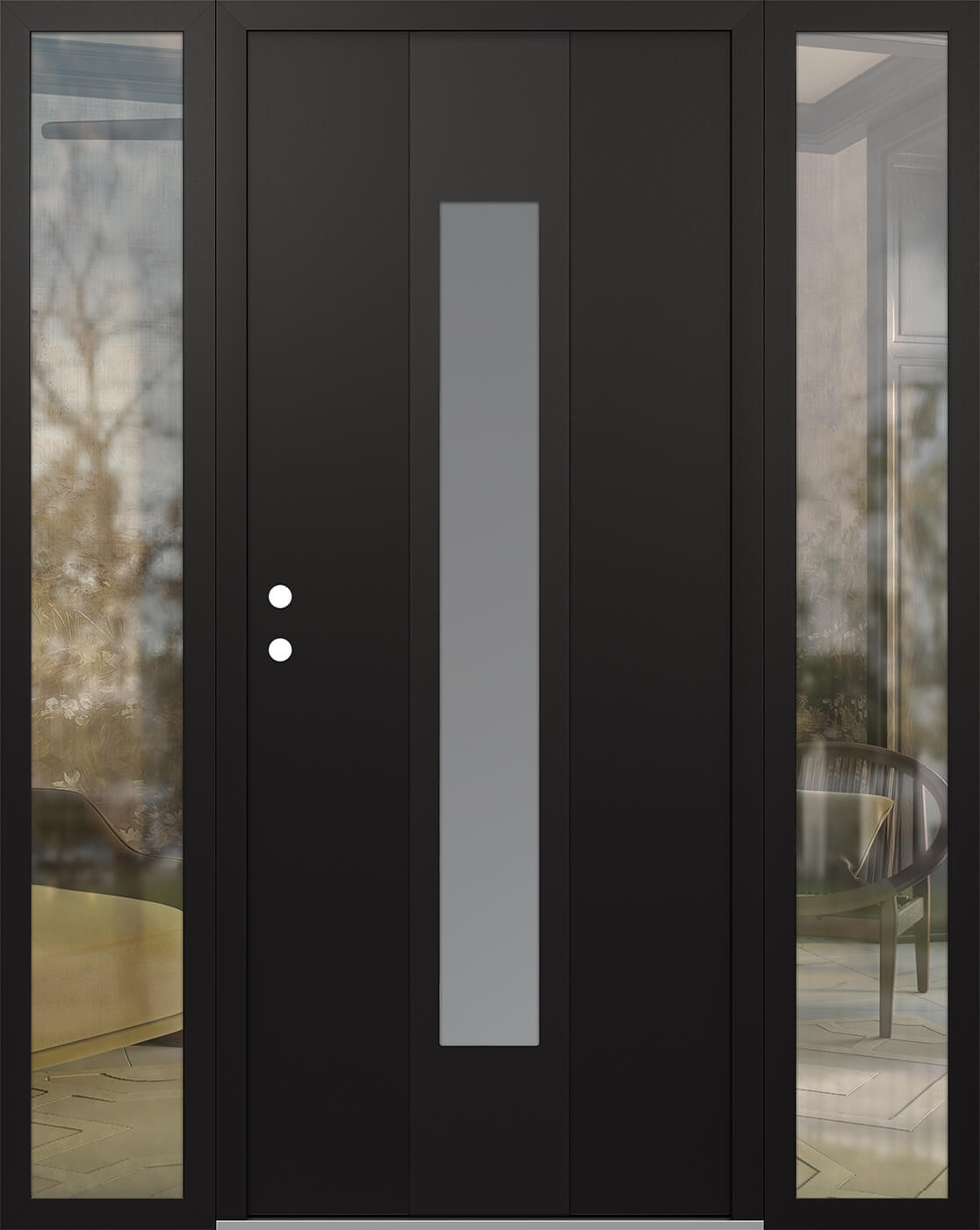 MODERN STEEL FRONT DOOR DIAMOND A1 68" X 80" BLACK/WHITE FROSTED GLASS PANEL BLACK RHI WITH 2 SIDELITES CLEAR GLASS