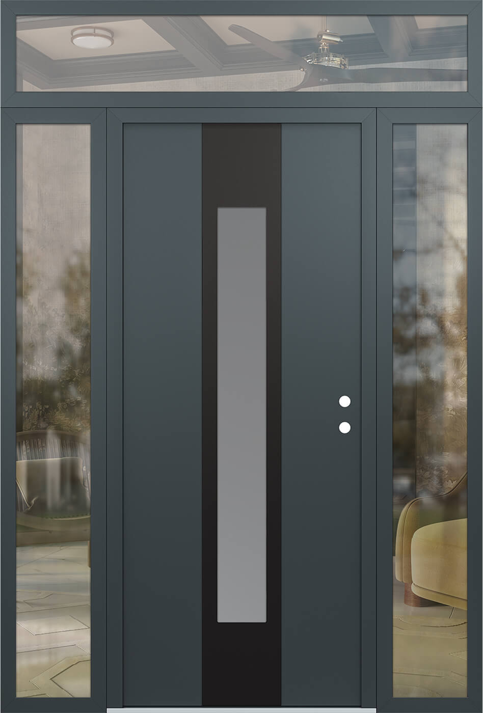 Modern Steel Front Door DIAMOND A1 68" X 96" ANTHRACITE/ANTHRACITE FROSTED GLASS PANEL BLACK LHI WITH 2 SIDELITES AND TRANSOM MIRRORED GLASS