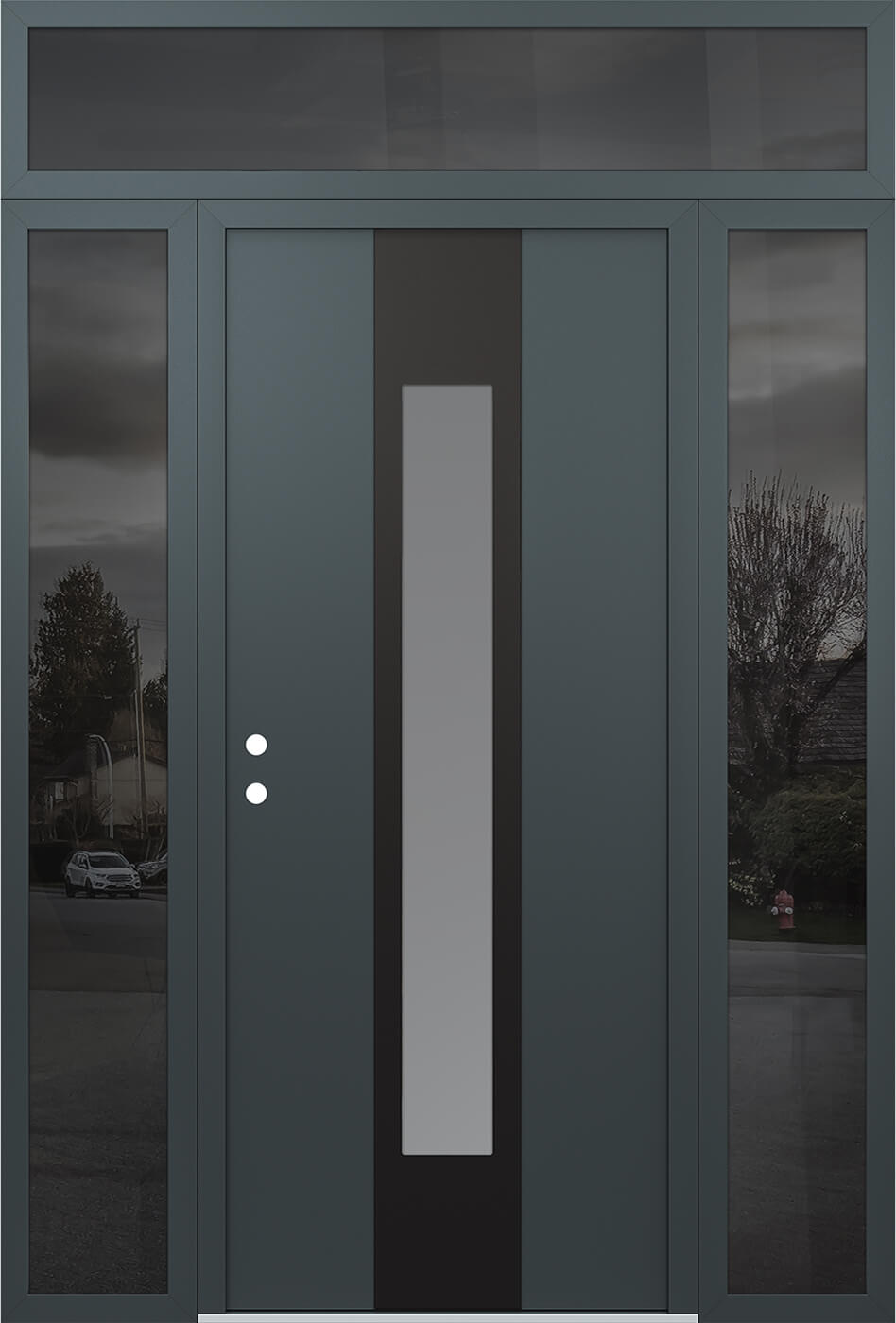 Modern Steel Front Door DIAMOND A1 68" X 96" ANTHRACITE/ANTHRACITE FROSTED GLASS PANEL BLACK RHI WITH 2 SIDELITES AND TRANSOM MIRRORED GLASS