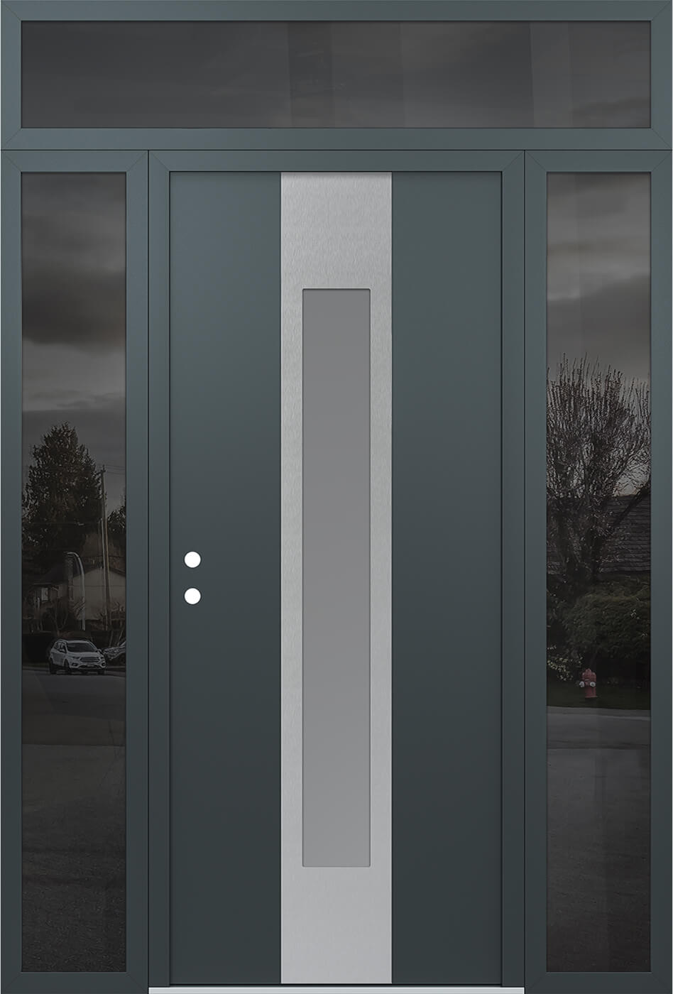 Modern Steel Front Door DIAMOND A1 68" X 96" ANTHRACITE/ANTHRACITE FROSTED GLASS PANEL STAINLESS STEEL RHI WITH 2 SIDELITES AND TRANSOM CLEAR GLASS