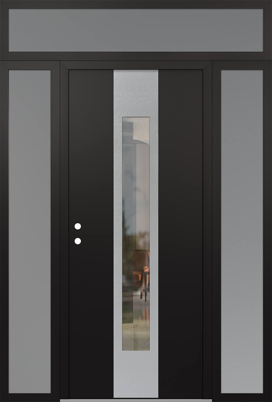 Modern Steel Front Door DIAMOND A1 68" X 96" BLACK/BLACK CLEAR GLASS PANEL STAINLESS STEEL RHI WITH 2 SIDELITES AND TRANSOM FROSTED GLASS