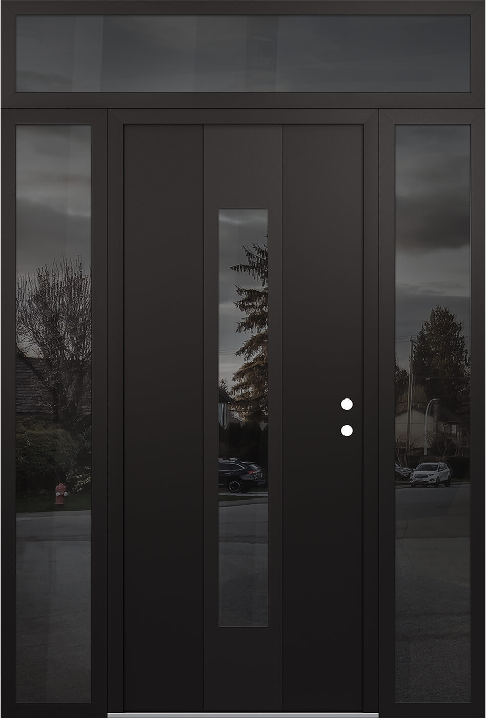 MODERN STEEL FRONT DOOR DIAMOND A1 68" X 96" BLACK/BLACK MIRRORED GLASS PANEL BLACK LHI WITH 2 SIDELITES AND TRANSOM FROSTED GLASS