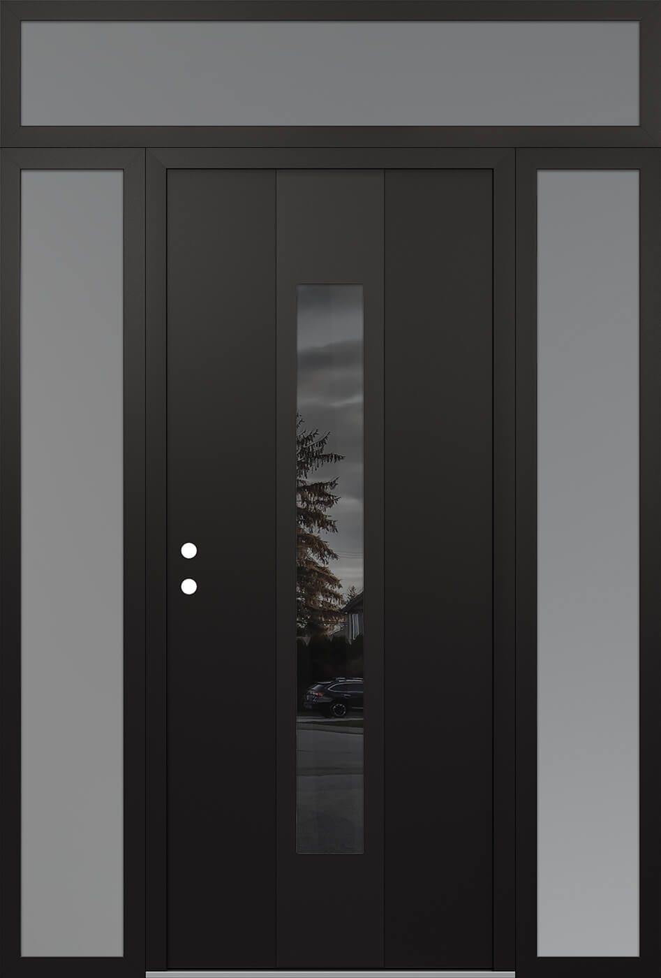 MODERN STEEL FRONT DOOR DIAMOND A1 68" X 96" BLACK/BLACK MIRRORED GLASS PANEL BLACK RHI WITH 2 SIDELITES AND TRANSOM MIRRORED GLASS
