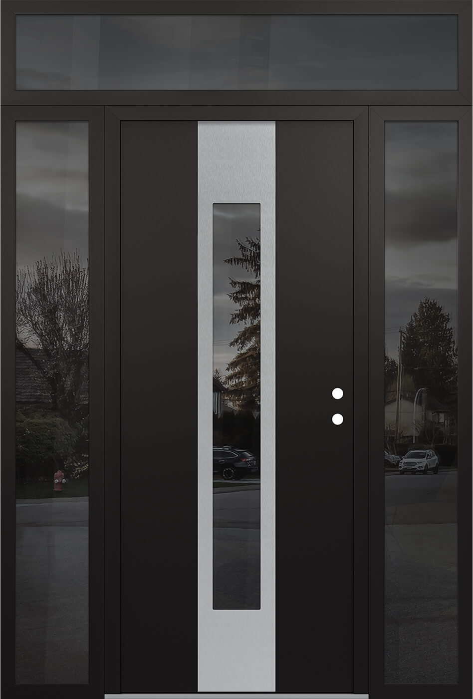 MODERN STEEL FRONT DOOR DIAMOND A1 68" X 96" BLACK/BLACK MIRRORED GLASS PANEL STAINLESS STEEL LHI WITH 2 SIDELITES AND TRANSOM MIRRORED GLASS