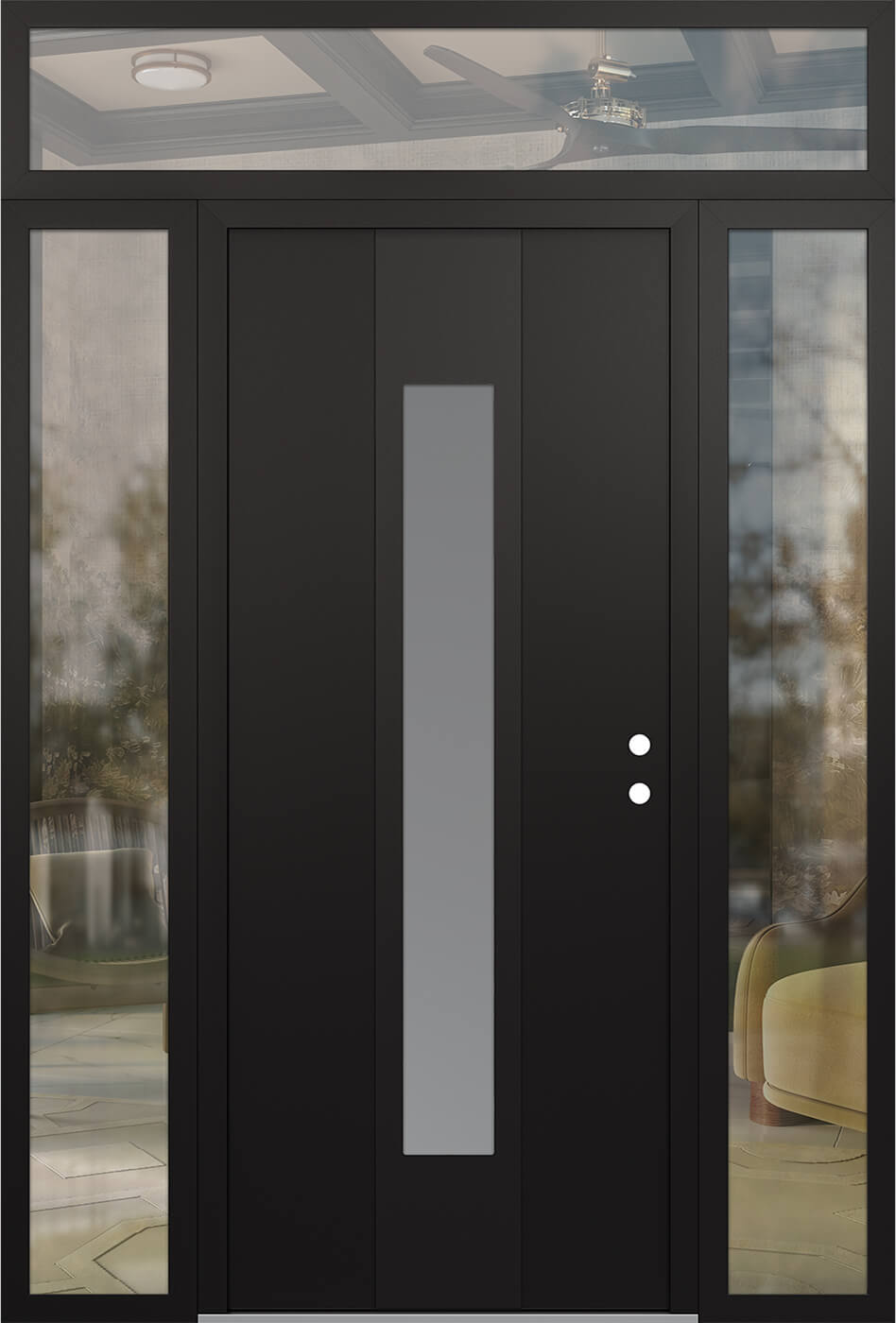 MODERN STEEL FRONT DOOR DIAMOND A1 68" X 96" BLACK/WHITE FROSTED GLASS PANEL BLACK LHI WITH 2 SIDELITES AND TRANSOM FROSTED GLASS