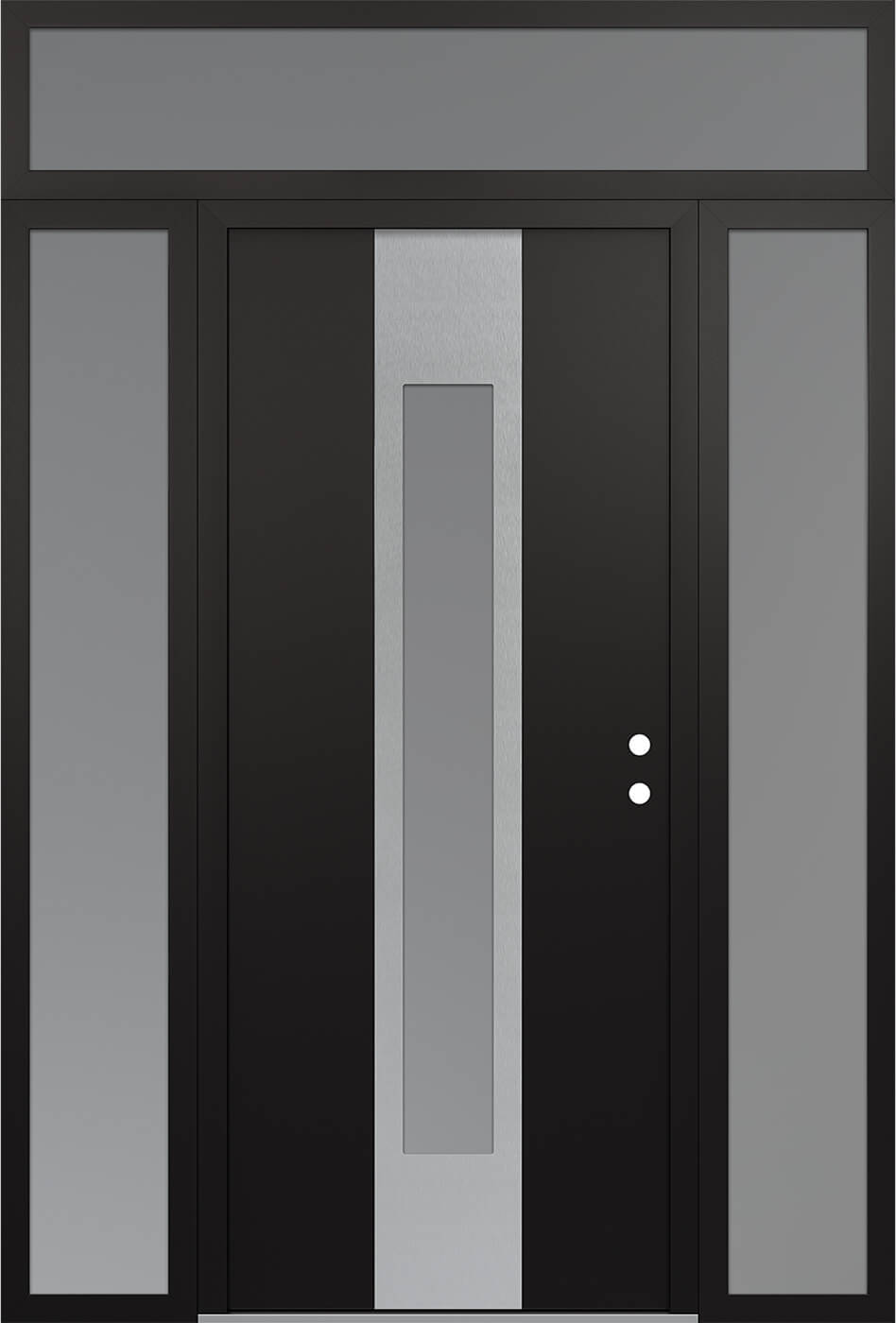 MODERN STEEL FRONT DOOR DIAMOND A1 68" X 96" BLACK/WHITE FROSTED GLASS PANEL STAINLESS STEEL LHI WITH 2 SIDELITES AND TRANSOM FROSTED GLASS