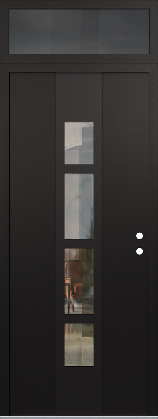 Modern Steel Front Door DIAMOND A10 36" X 96" BLACK/BLACK CLEAR GLASS PANEL BLACK LHI WITH TRANSOM MIRRORED GLASS