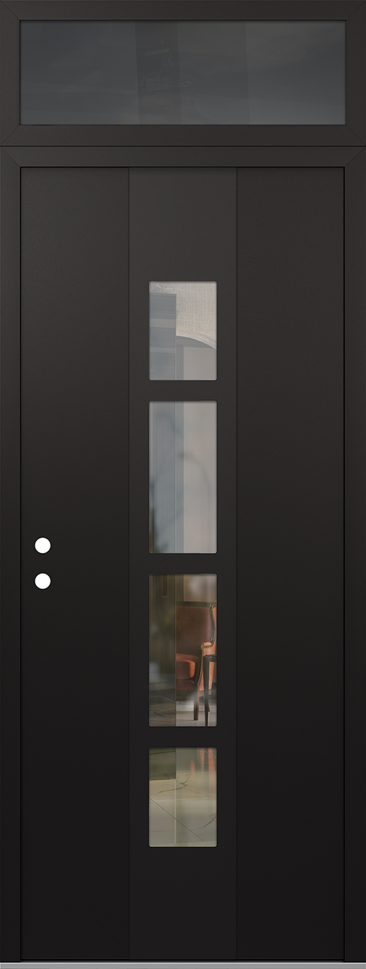 Modern Steel Front Door DIAMOND A10 36" X 96" BLACK/BLACK CLEAR GLASS PANEL BLACK RHI WITH TRANSOM MIRRORED GLASS