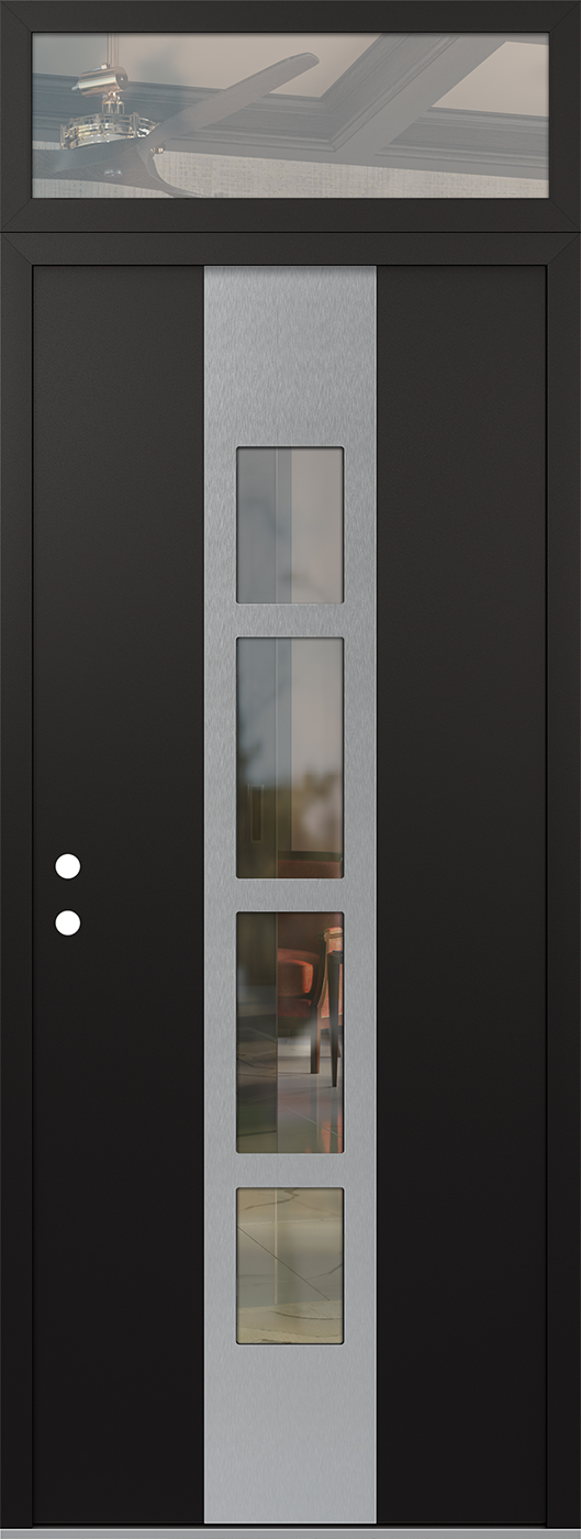 Modern Steel Front Door DIAMOND A10 36" X 96" BLACK/BLACK CLEAR GLASS PANEL STAINLESS STEEL RHI WITH TRANSOM MIRRORED GLASS
