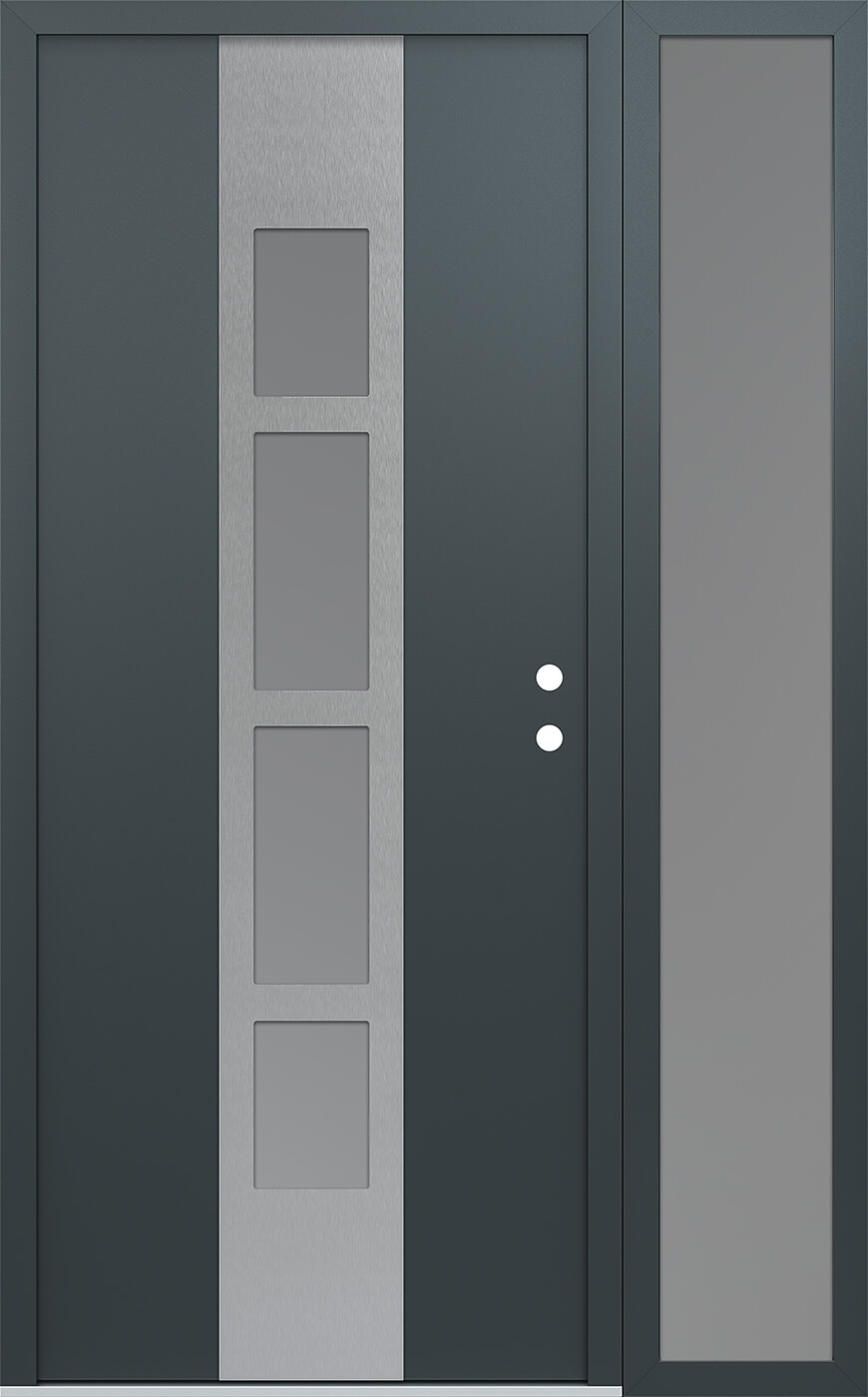 Modern Steel Front Door DIAMOND A10 48" X 80" ANTHRACITE/ANTHRACITE FROSTED GLASS PANEL STAINLESS STEEL RHI WITH SIDELITE CLEAR GLASS