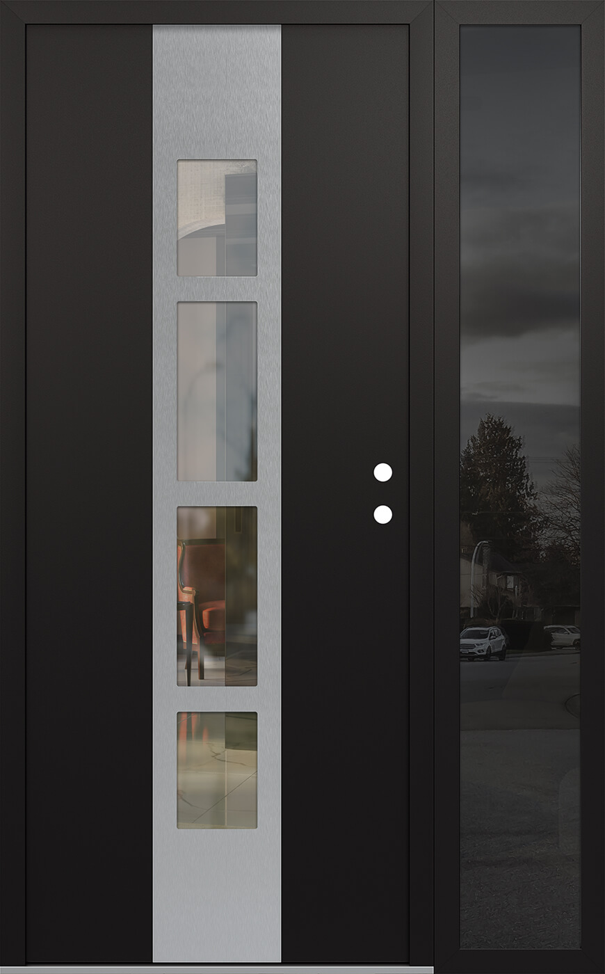 Modern Steel Front Door DIAMOND A10 48" X 80" BLACK/BLACK CLEAR GLASS PANEL STAINLESS STEEL LHI WITH SIDELITE CLEAR GLASS