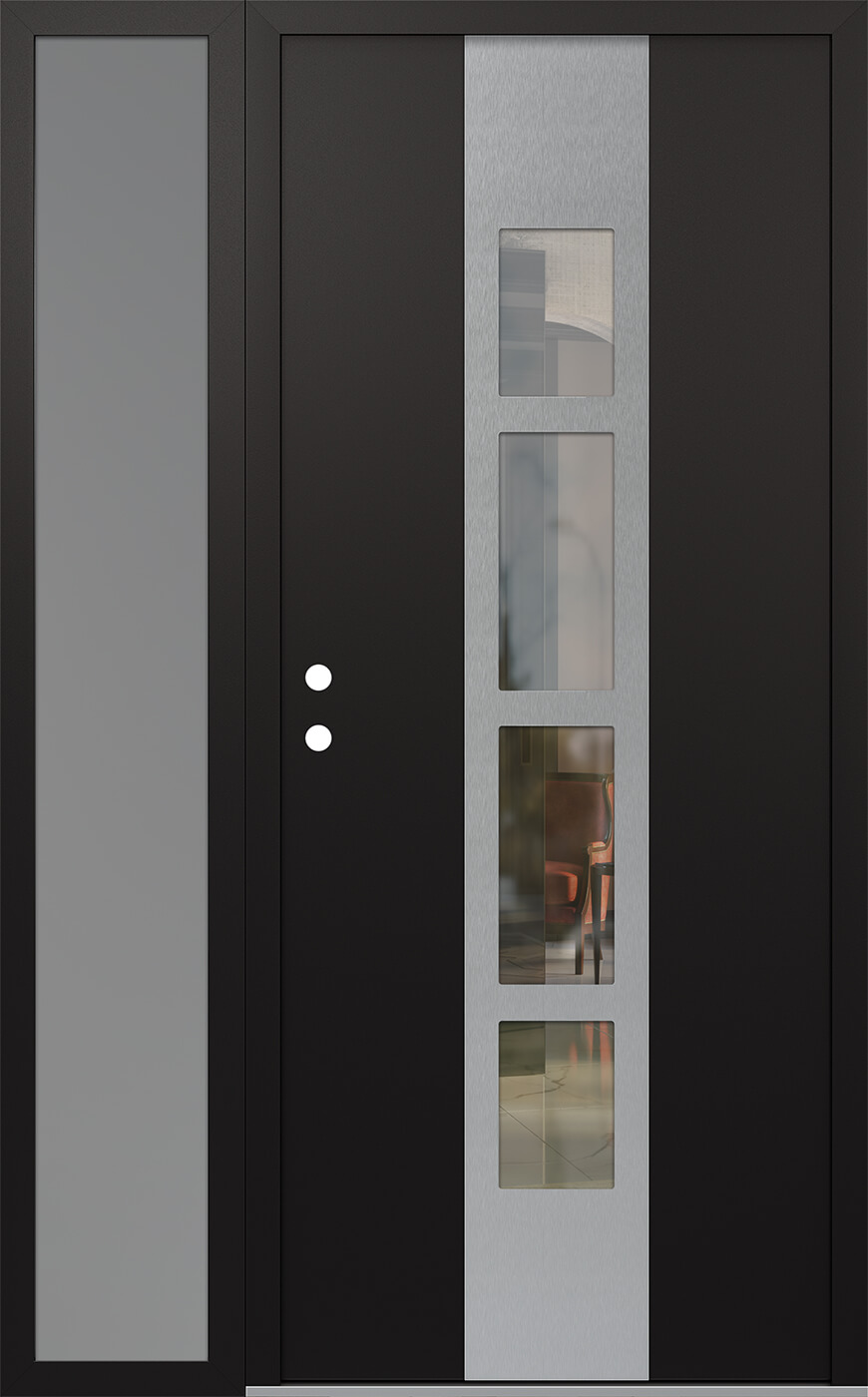 Modern Steel Front Door DIAMOND A10 48" X 80" BLACK/BLACK CLEAR GLASS PANEL STAINLESS STEEL RHI WITH SIDELITE CLEAR GLASS