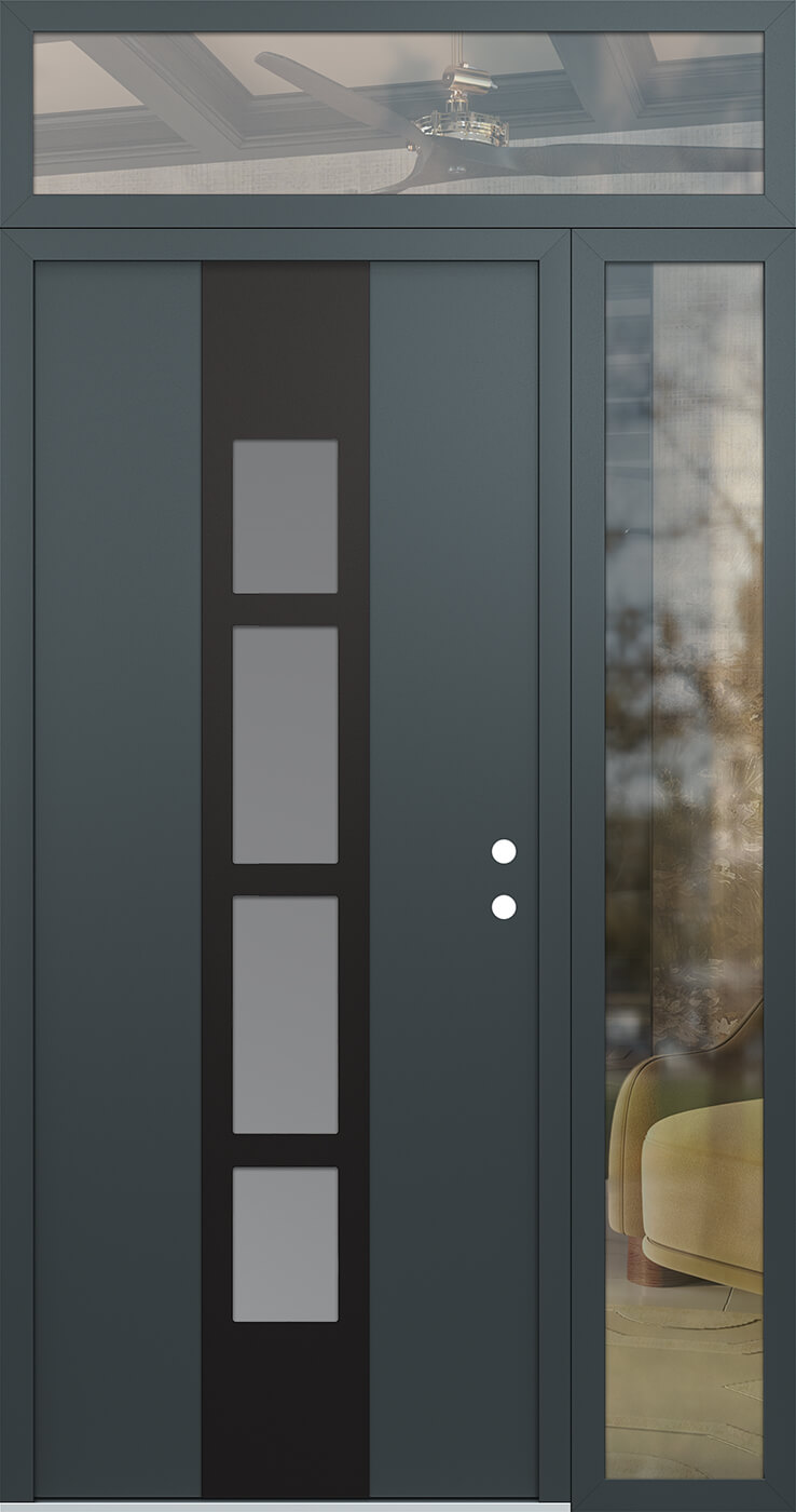 Modern Steel Front Door DIAMOND A10 48" X 96" ANTHRACITE/ANTHRACITE FROSTED GLASS PANEL BLACK LHI WITH SIDELITE AND TRANSOM FROSTED GLASS