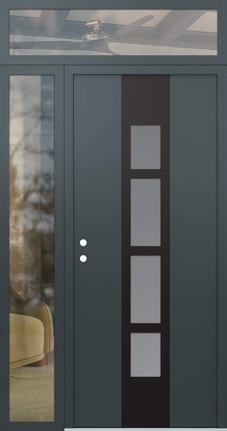 Modern Steel Front Door DIAMOND A10 48" X 96" ANTHRACITE/ANTHRACITE FROSTED GLASS PANEL BLACK RHI WITH SIDELITE AND TRANSOM MIRRORED GLASS