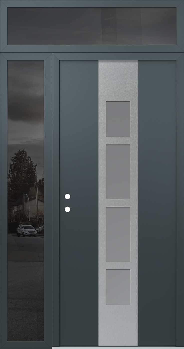 Modern Steel Front Door DIAMOND A10 48" X 96" ANTHRACITE/ANTHRACITE FROSTED GLASS PANEL STAINLESS STEEL RHI WITH SIDELITE AND TRANSOM FROSTED GLASS