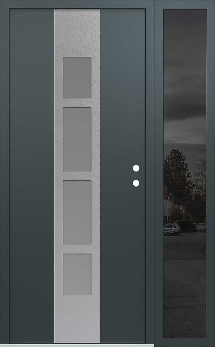 Modern Steel Front Door DIAMOND A10 50" X 80" ANTHRACITE/ANTHRACITE FROSTED GLASS PANEL STAINLESS STEEL LHI WITH SIDELITE CLEAR GLASS
