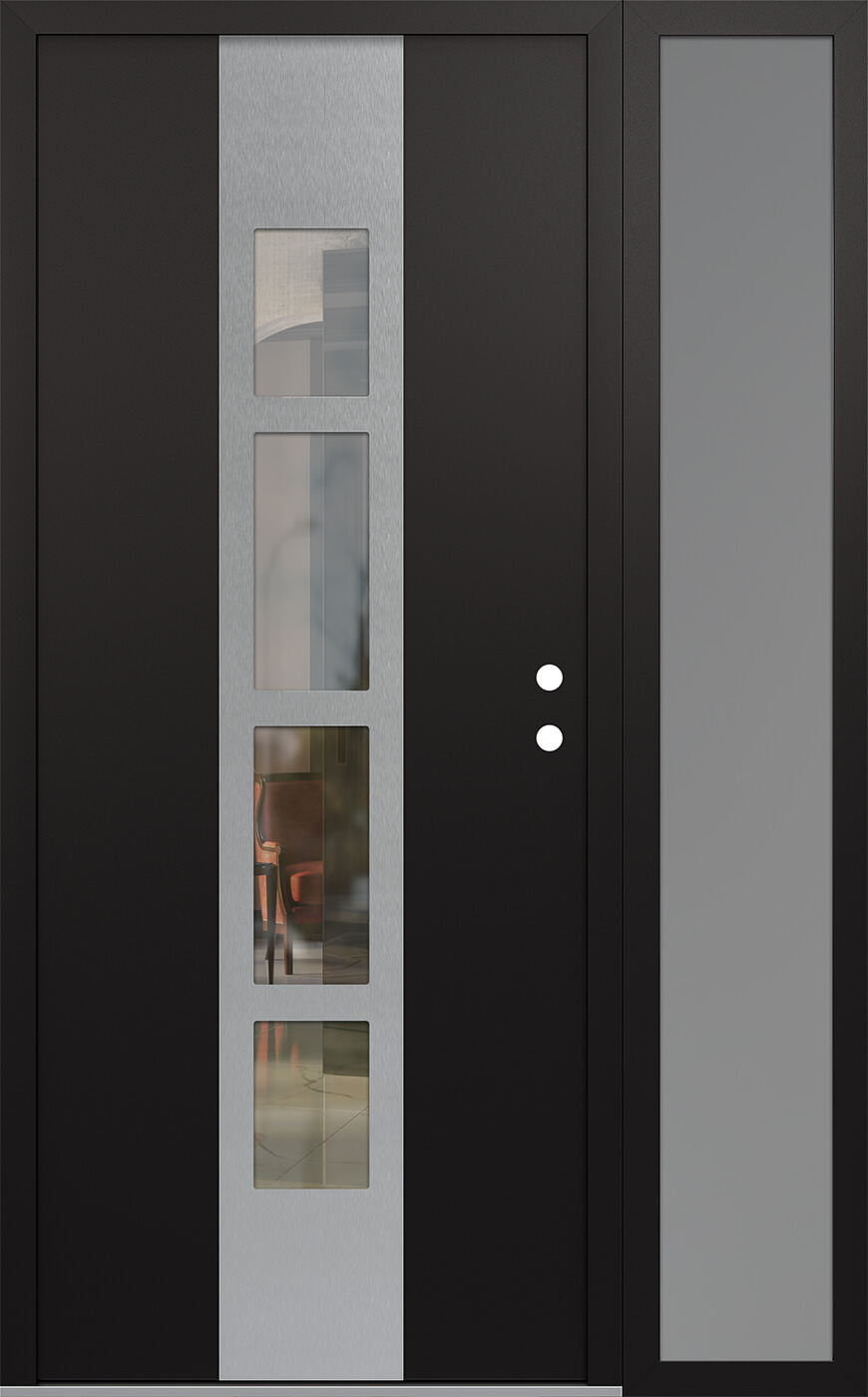 Modern Steel Front Door DIAMOND A10 50" X 80" BLACK/BLACK CLEAR GLASS PANEL STAINLESS STEEL LHI WITH SIDELITE MIRRORED GLASS