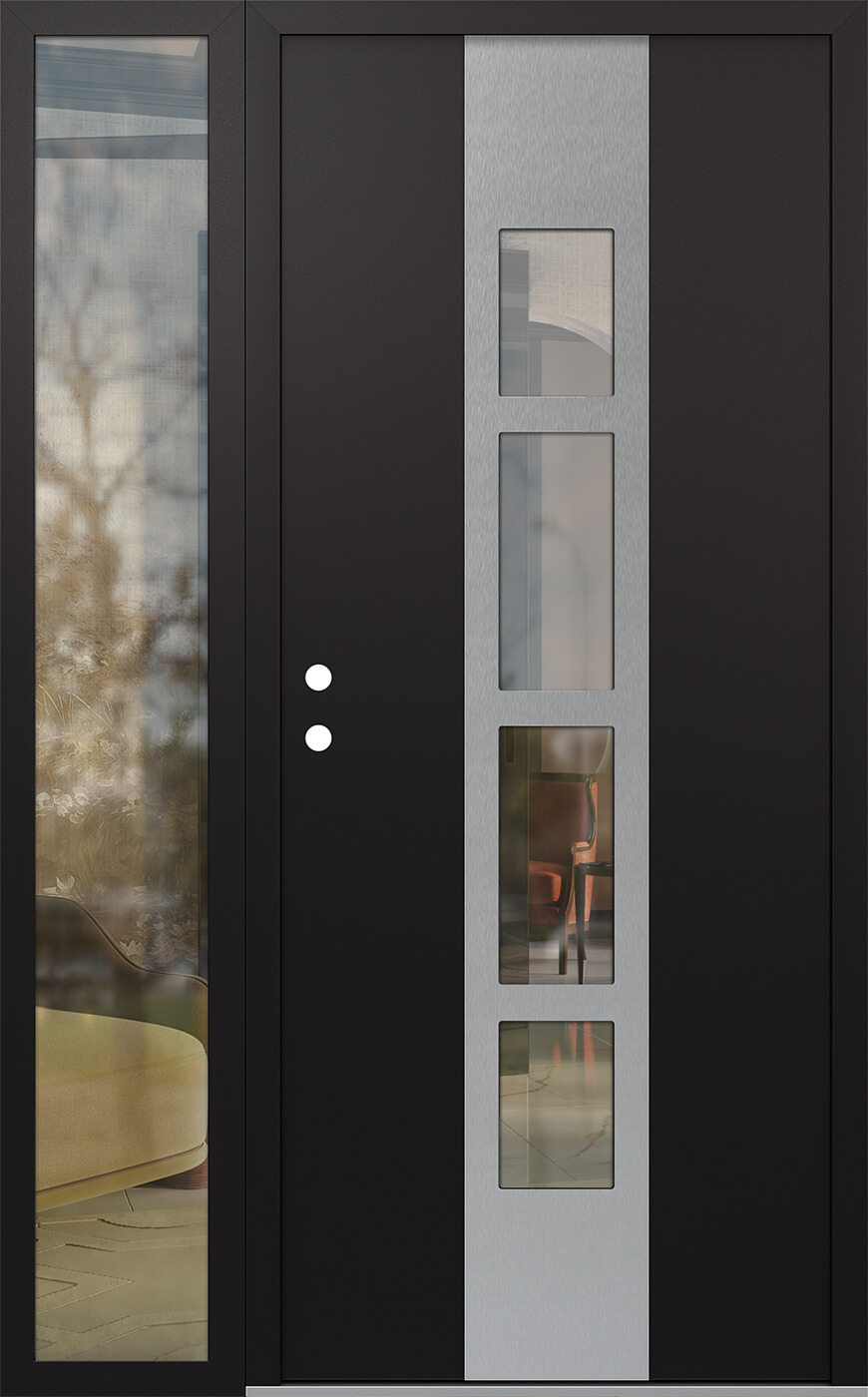 Modern Steel Front Door DIAMOND A10 50" X 80" BLACK/BLACK CLEAR GLASS PANEL STAINLESS STEEL RHI WITH SIDELITE FROSTED GLASS