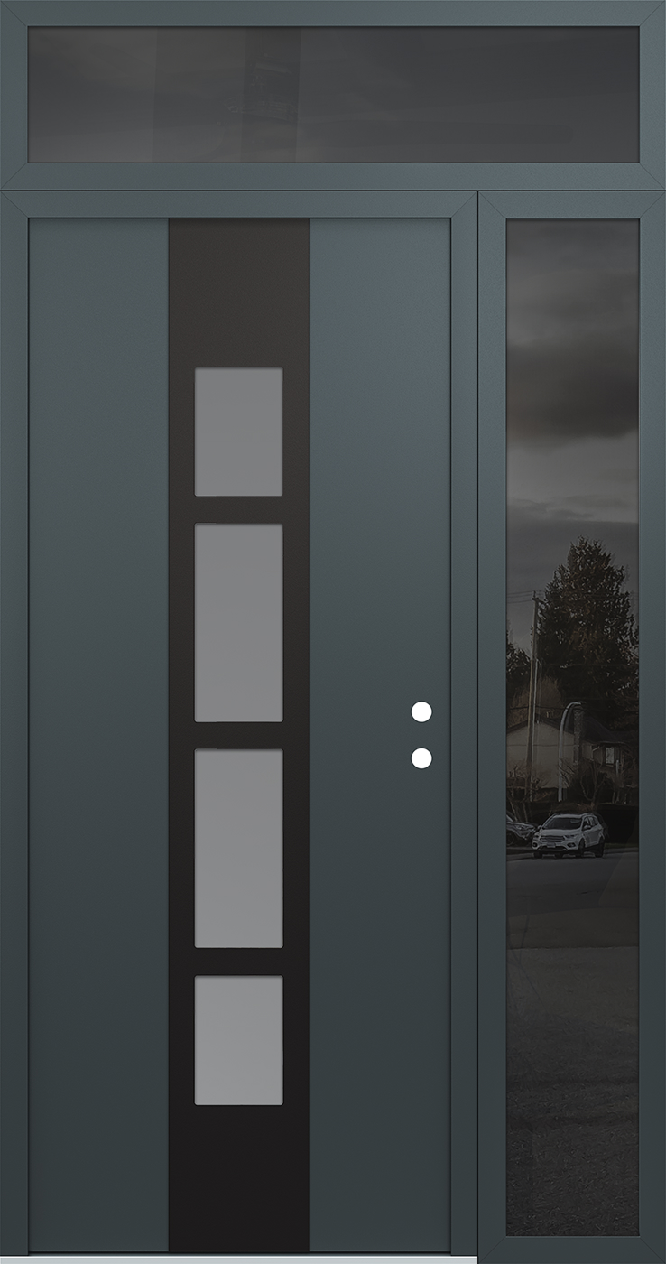Modern Steel Front Door DIAMOND A10 50" X 96" ANTHRACITE/ANTHRACITE FROSTED GLASS PANEL BLACK LHI WITH SIDELITE AND TRANSOM CLEAR GLASS