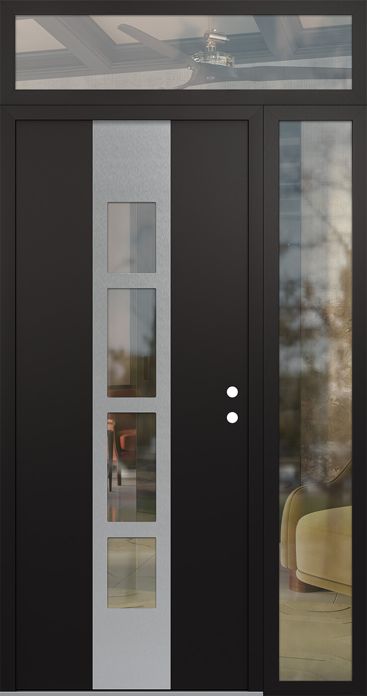 Modern Steel Front Door DIAMOND A10 50" X 96" BLACK/BLACK CLEAR GLASS PANEL STAINLESS STEEL LHI WITH SIDELITE AND TRANSOM FROSTED GLASS