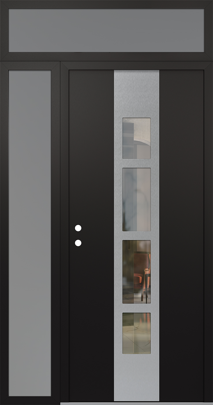 Modern Steel Front Door DIAMOND A10 50" X 96" BLACK/BLACK CLEAR GLASS PANEL STAINLESS STEEL RHI WITH SIDELITE AND TRANSOM MIRRORED GLASS