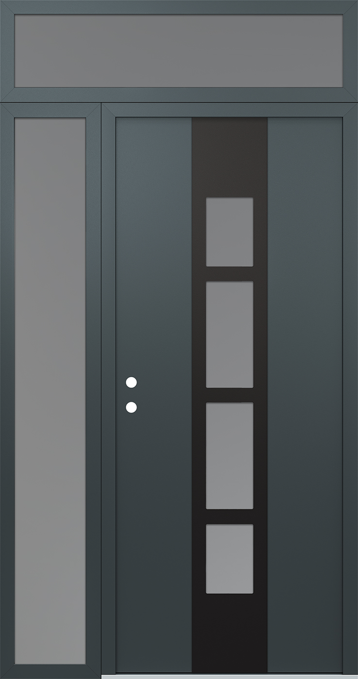 Modern Steel Front Door DIAMOND A10 52" X 96" ANTHRACITE/ANTHRACITE FROSTED GLASS PANEL BLACK RHI WITH SIDELITE AND TRANSOM CLEAR GLASS