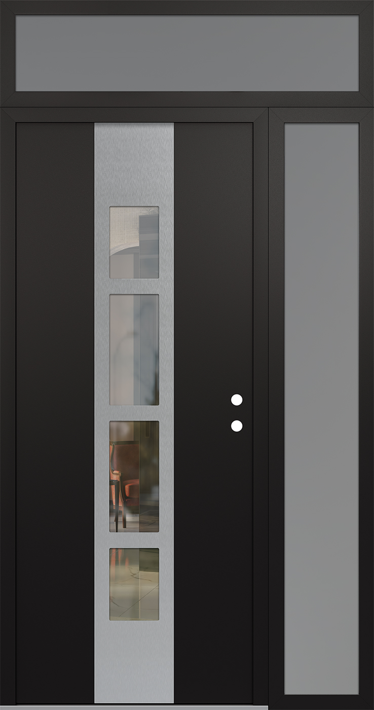Modern Steel Front Door DIAMOND A10 52" X 96" BLACK/BLACK CLEAR GLASS PANEL STAINLESS STEEL LHI WITH SIDELITE AND TRANSOM MIRRORED GLASS