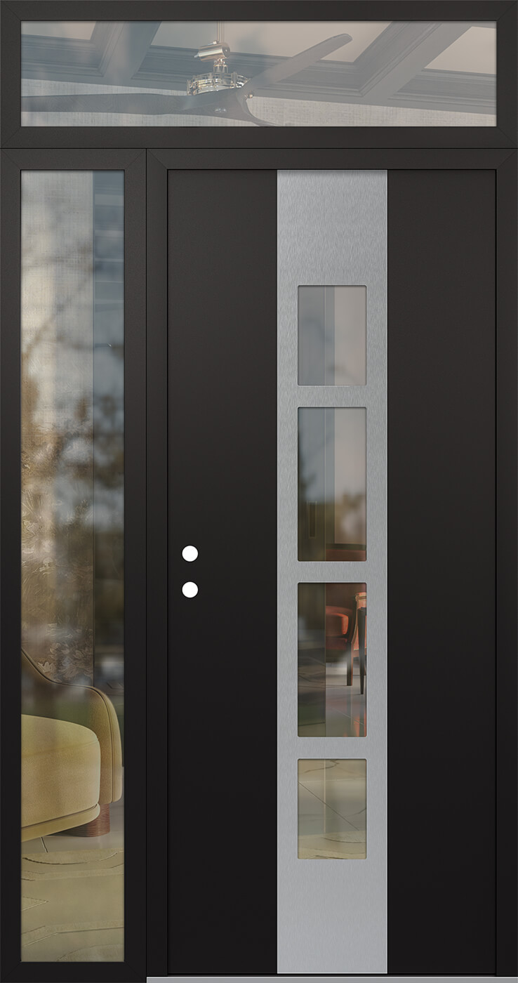 Modern Steel Front Door DIAMOND A10 52" X 96" BLACK/BLACK CLEAR GLASS PANEL STAINLESS STEEL RHI WITH SIDELITE AND TRANSOM FROSTED GLASS