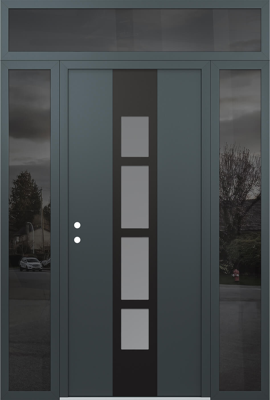 Modern Steel Front Door DIAMOND A10 60" X 96" ANTHRACITE/ANTHRACITE FROSTED GLASS PANEL BLACK RHI WITH 2 SIDELITES AND TRANSOM CLEAR GLASS
