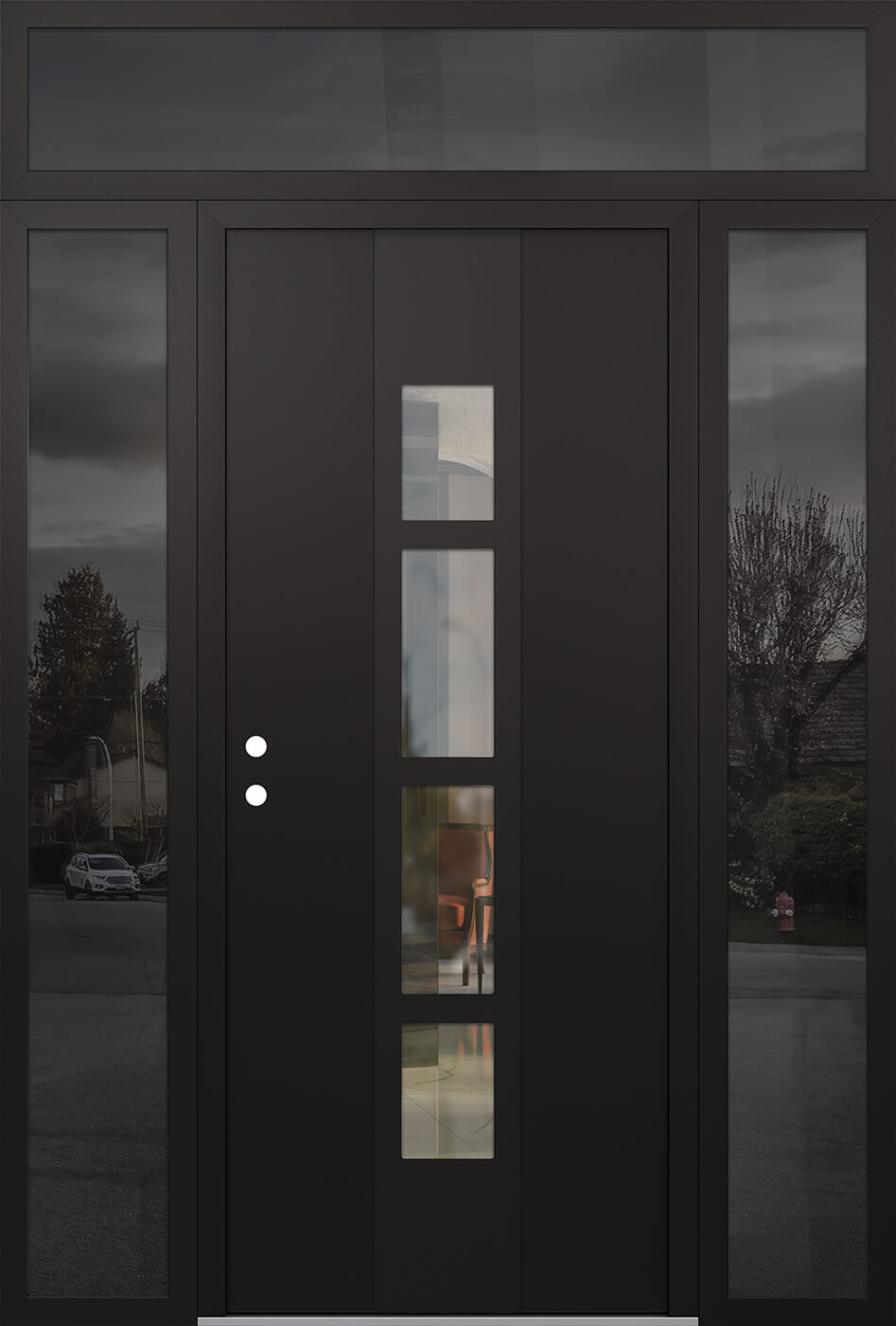 Modern Steel Front Door DIAMOND A10 60" X 96" BLACK/BLACK CLEAR GLASS PANEL BLACK RHI WITH 2 SIDELITES AND TRANSOM FROSTED GLASS