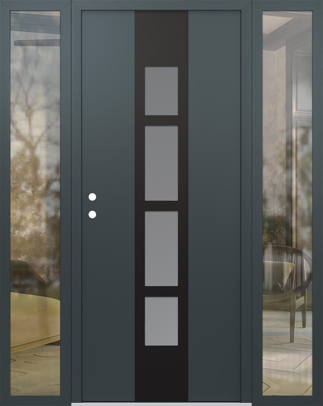 Modern Steel Front Door DIAMOND A10 64" X 80" ANTHRACITE/ANTHRACITE FROSTED GLASS PANEL BLACK RHI WITH 2 SIDELITES MIRRORED GLASS