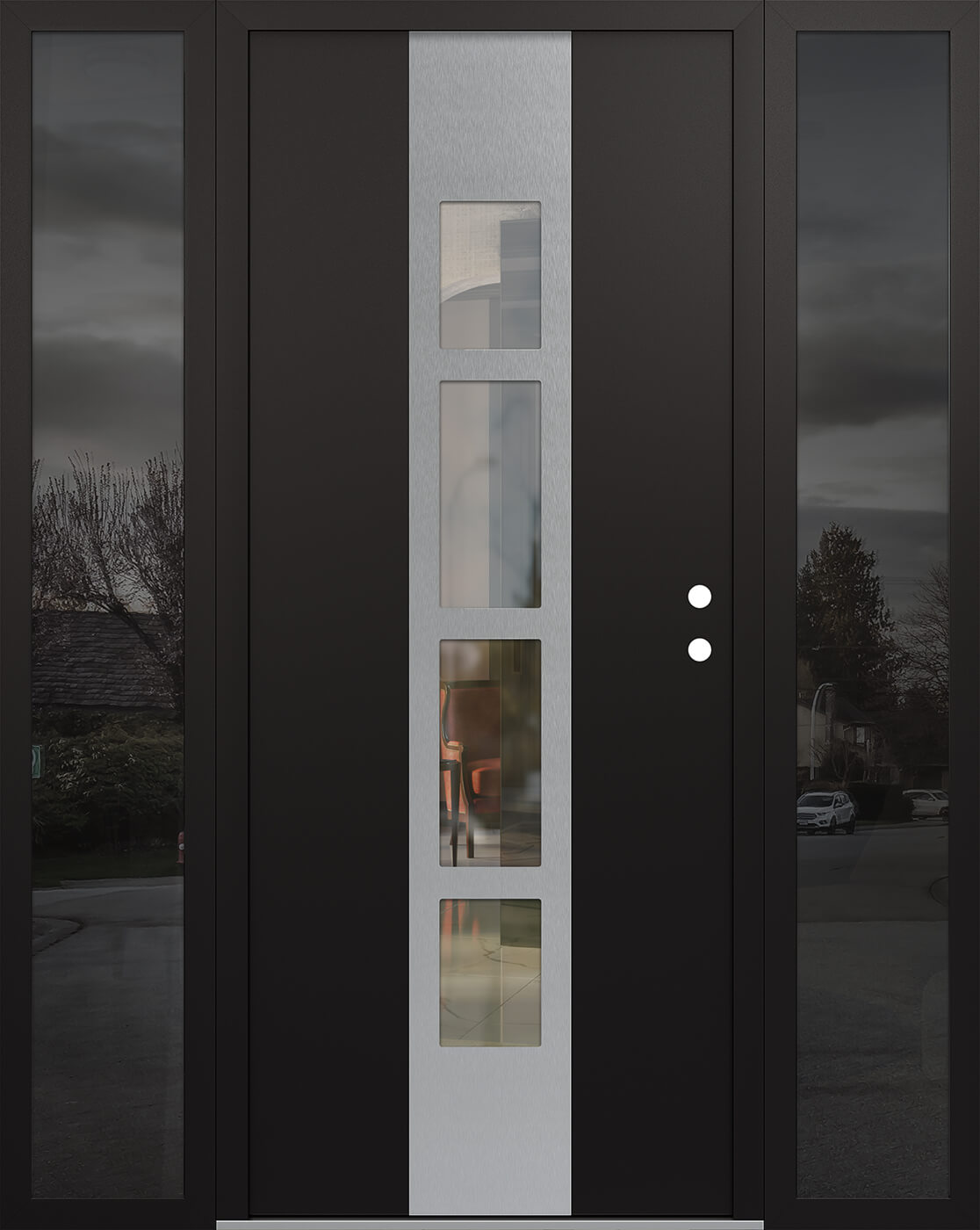 Modern Steel Front Door DIAMOND A10 64" X 80" BLACK/BLACK CLEAR GLASS PANEL STAINLESS STEEL LHI WITH 2 SIDELITES FROSTED GLASS